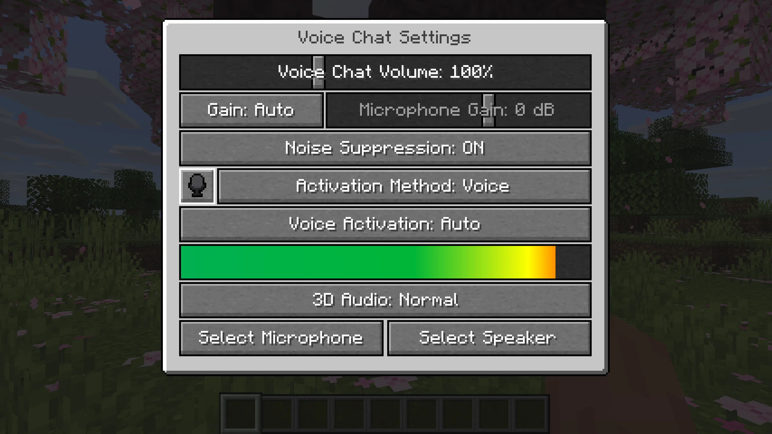 Voice Chat Settings screen with volume, noise suppression, activation and microphone testing meter