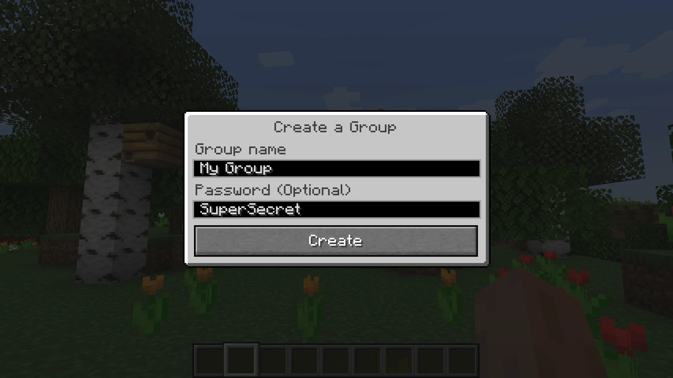 The Simple Voice Chat group creation screen with group name and password fields