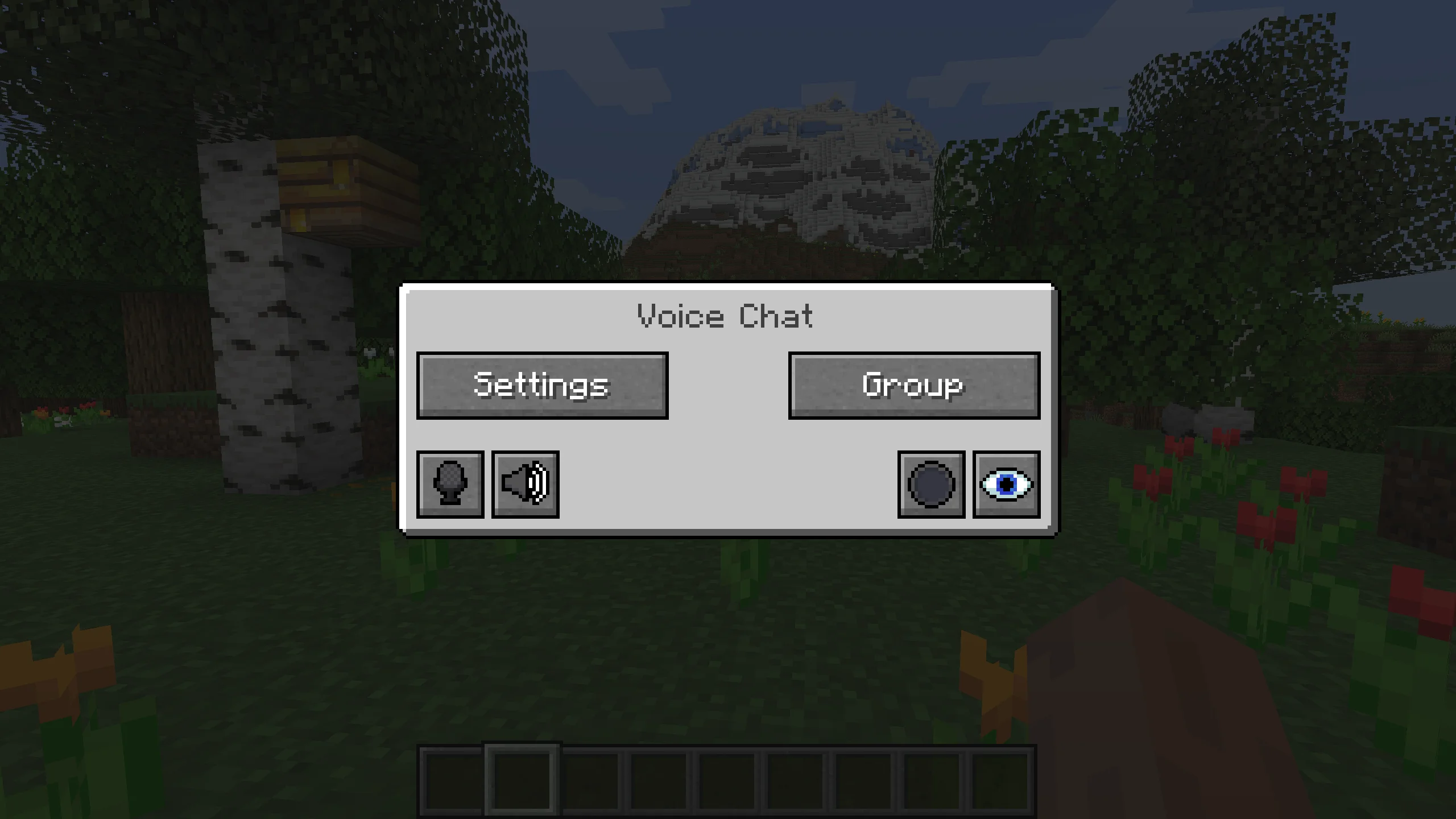 The Simple Voice Chat main menu with settings, group, mute and recording toggles