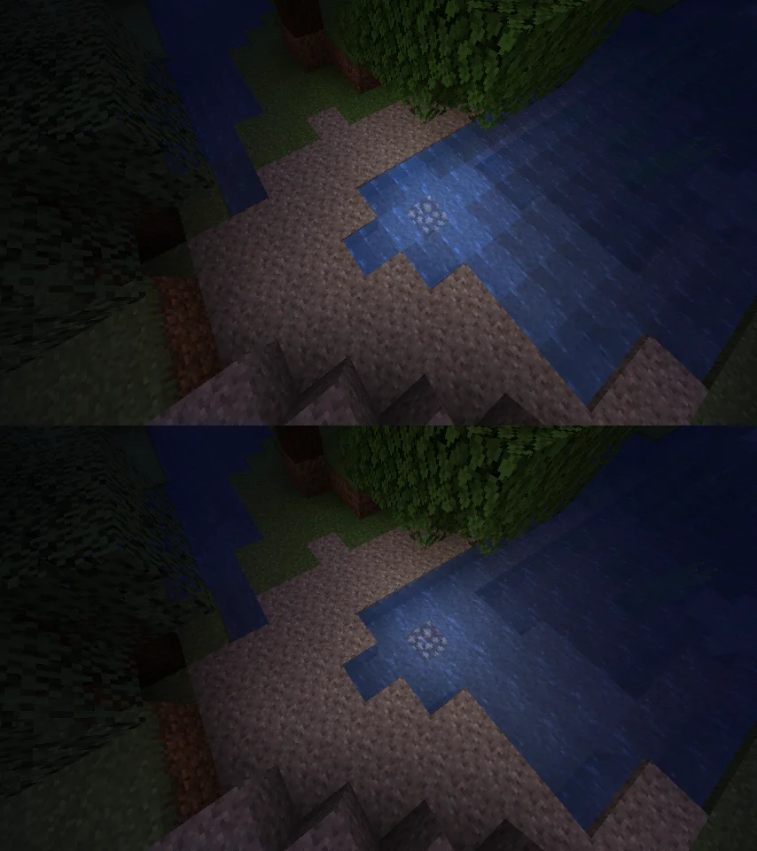 Night water surface comparing fluid rendering and foam