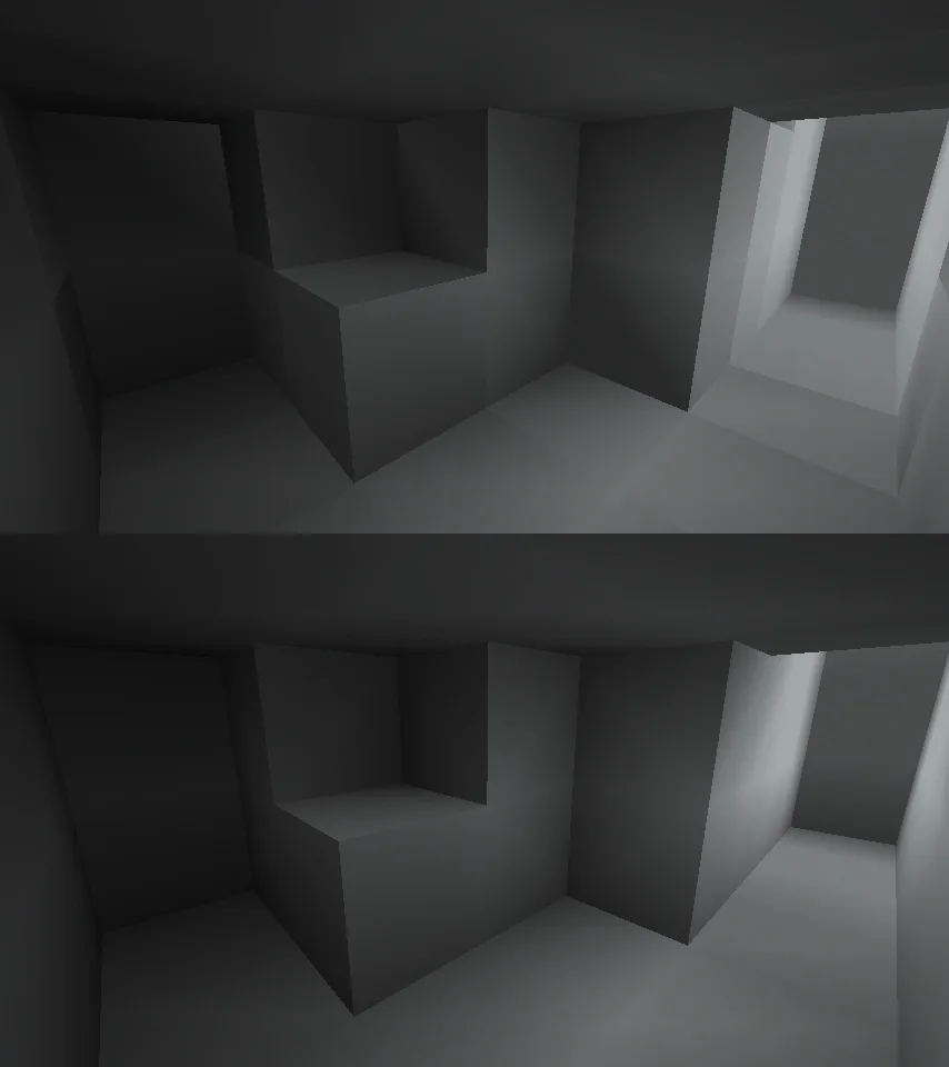 Grey test room comparing block shading and smooth lighting