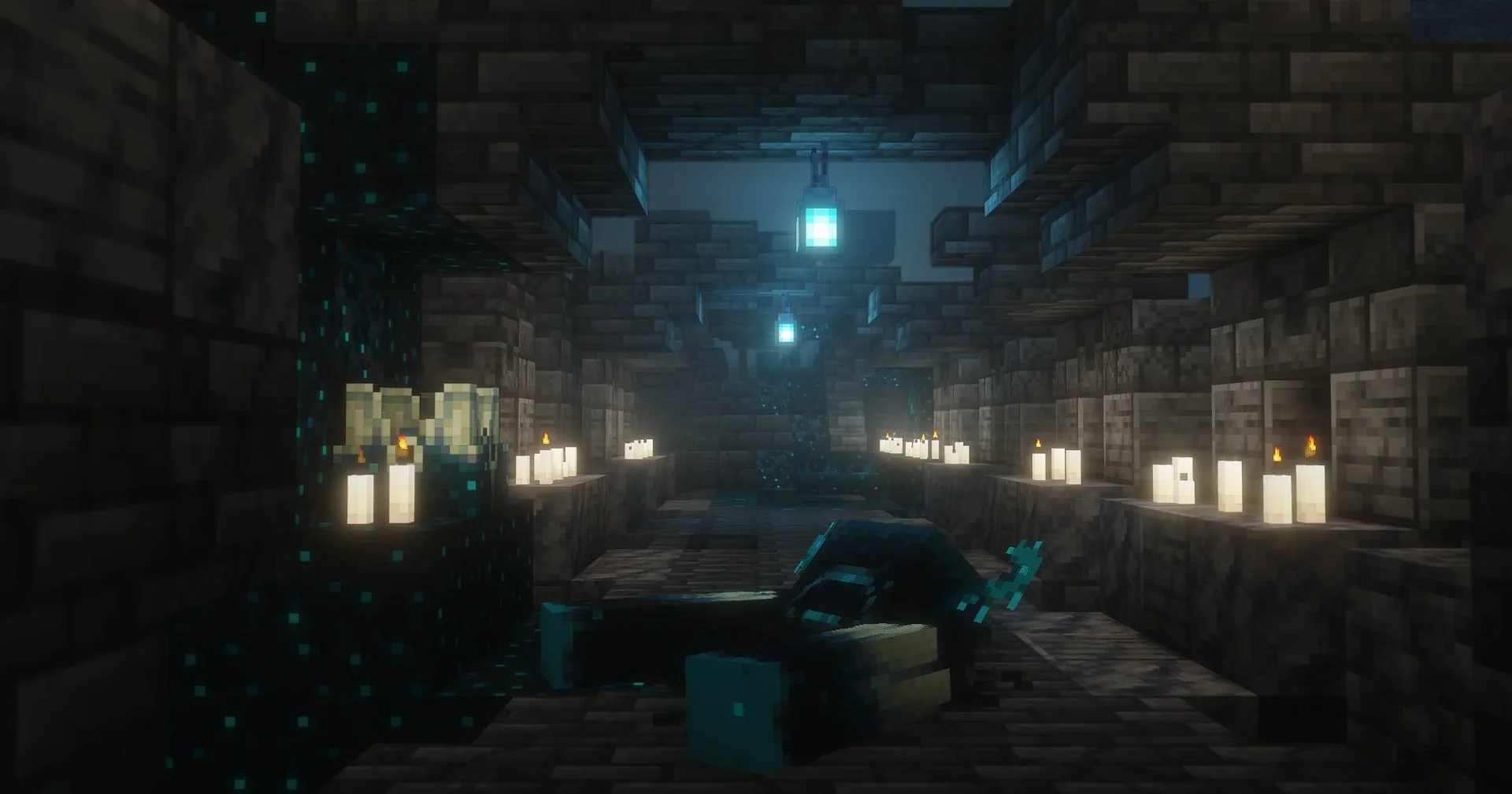Ancient city corridor lit by candles and sculk glow