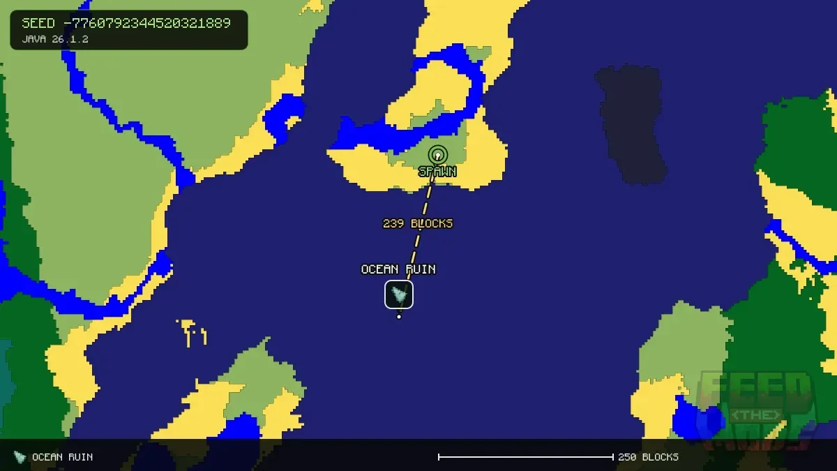 Route from spawn to the ocean ruin at 48, 144 (239 blocks)