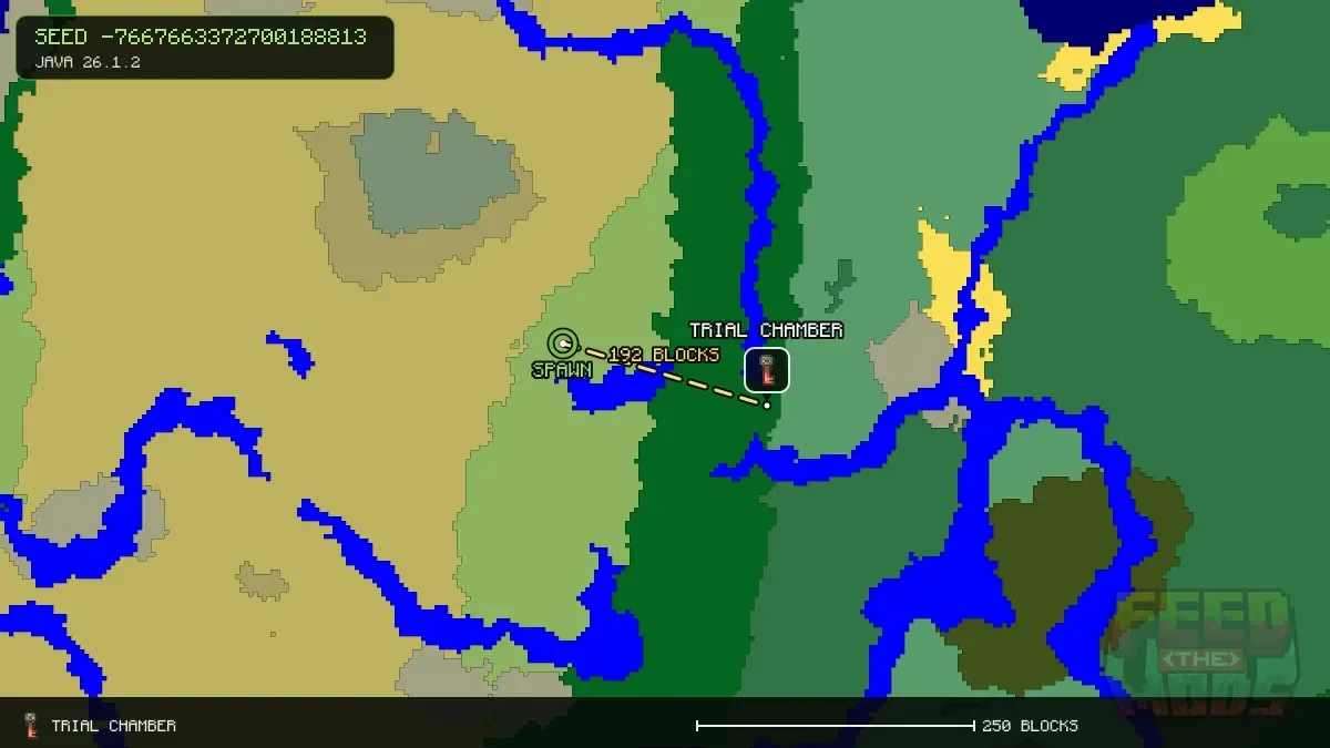 Route from spawn to the trial chamber at 128, 16 (192 blocks)
