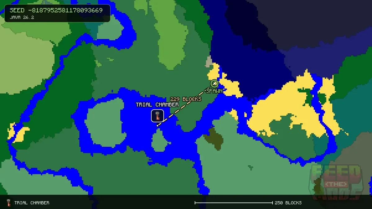 Route from spawn to the trial chamber at -304, 80 (229 blocks)