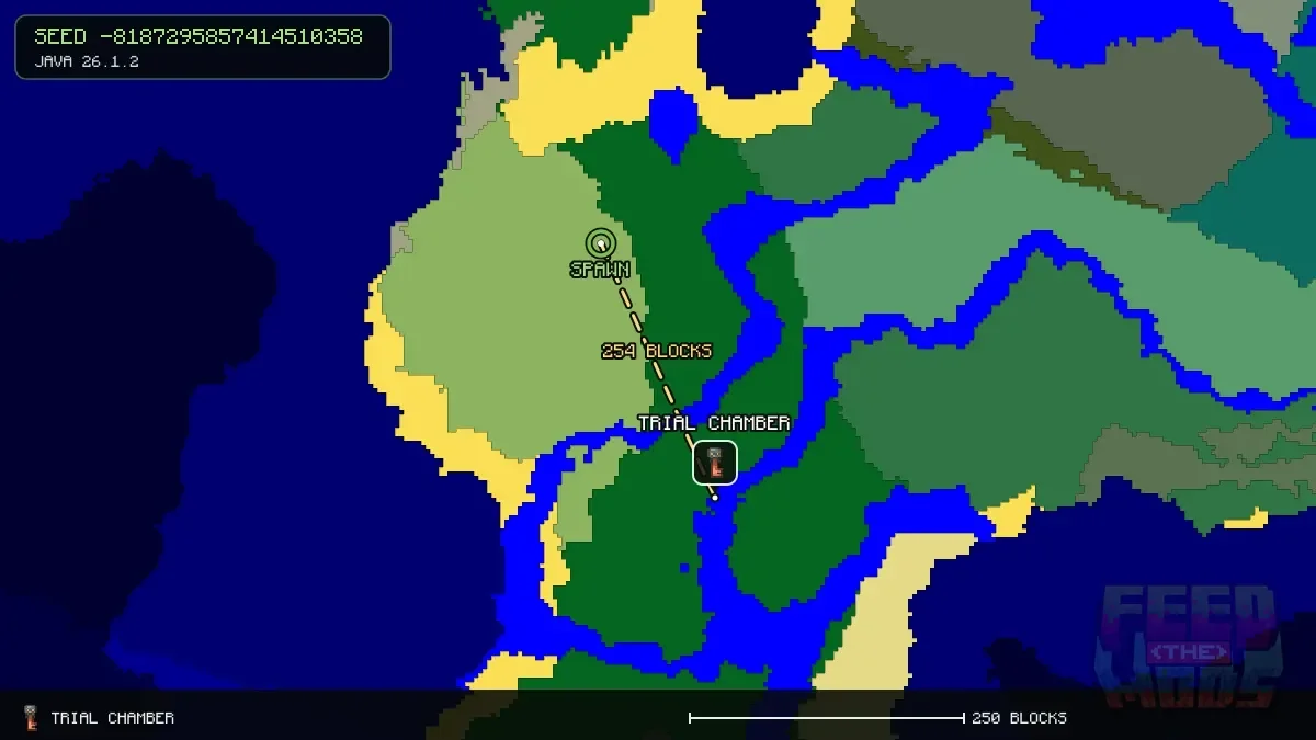 Route from spawn to the trial chamber at 112, 240 (254 blocks)