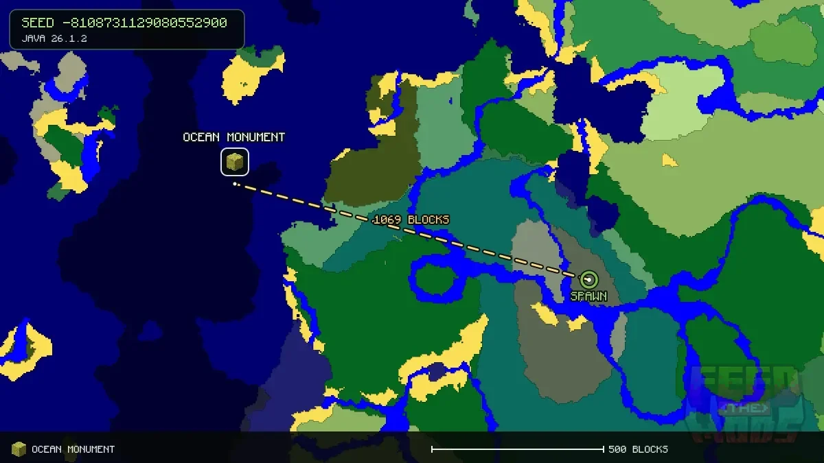 Route from spawn to the ocean monument at -1024, -272 (1069 blocks)