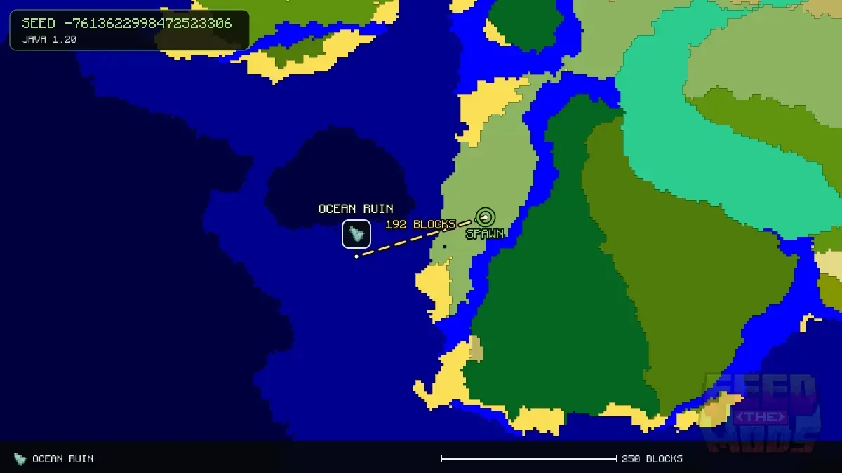 Route from spawn to the ocean ruin at -176, 64 (192 blocks)