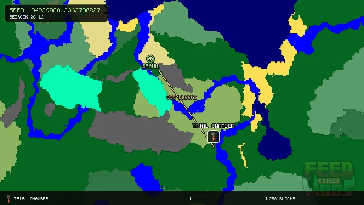 Route from spawn to the trial chamber at 216, 296 (355 blocks)