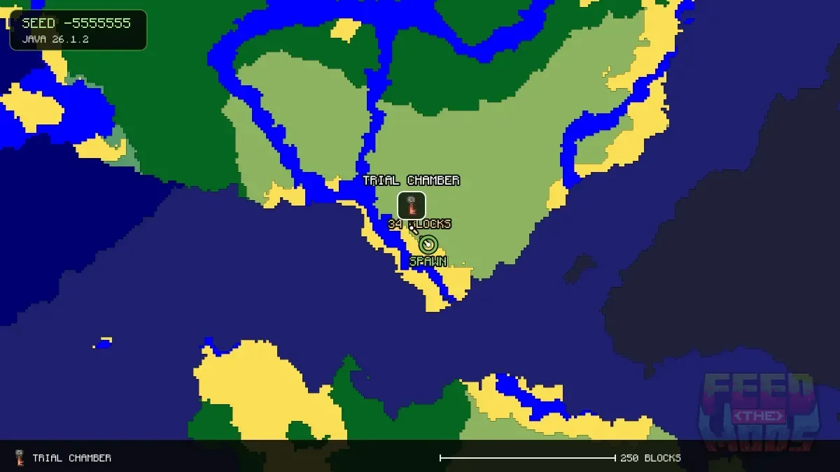 Route from spawn to the trial chamber at 176, -272 (34 blocks)