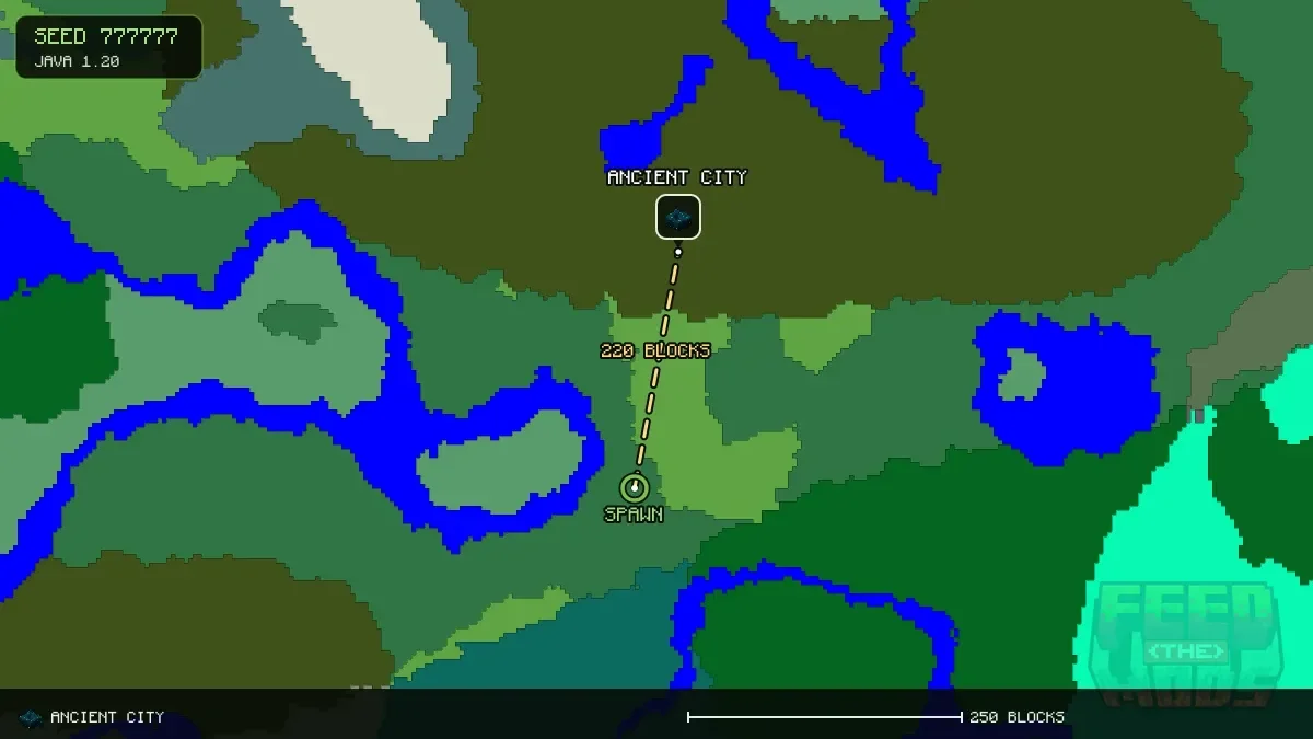 Route from spawn to the ancient city at 48, -208 (220 blocks)
