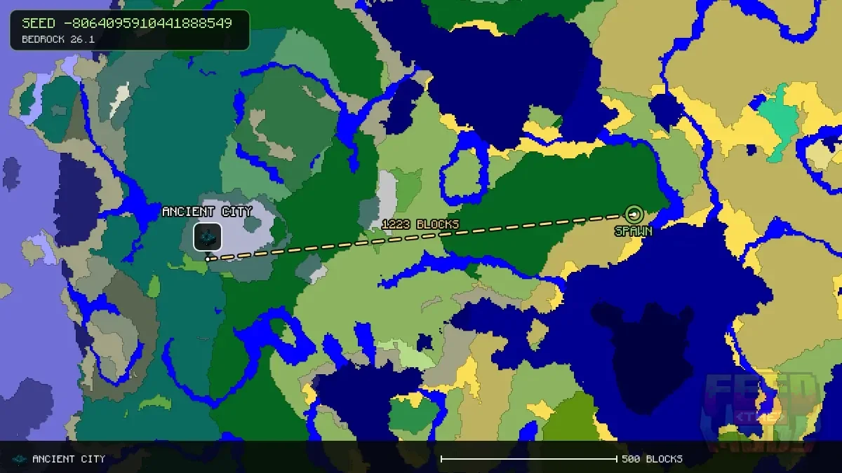 Route from spawn to the ancient city at -1304, 88 (1223 blocks)