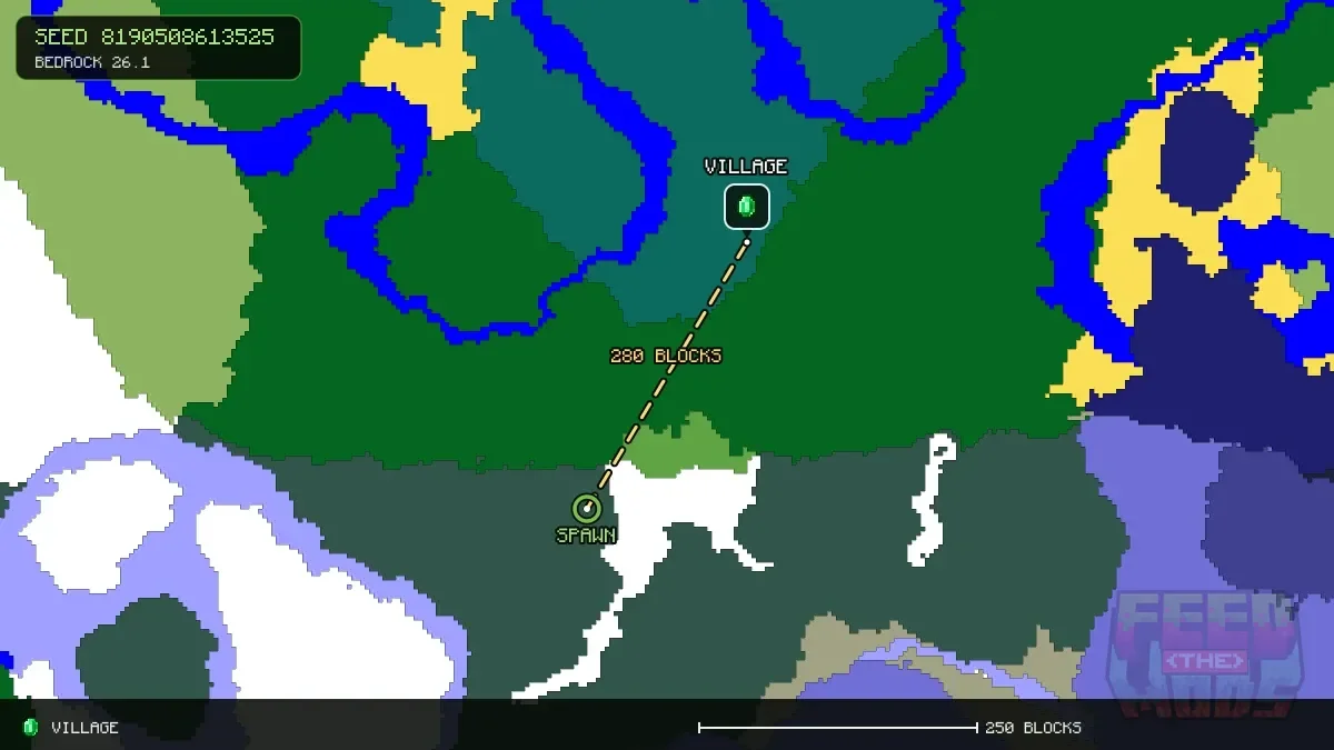 Route from spawn to the village at 152, -232 (280 blocks)
