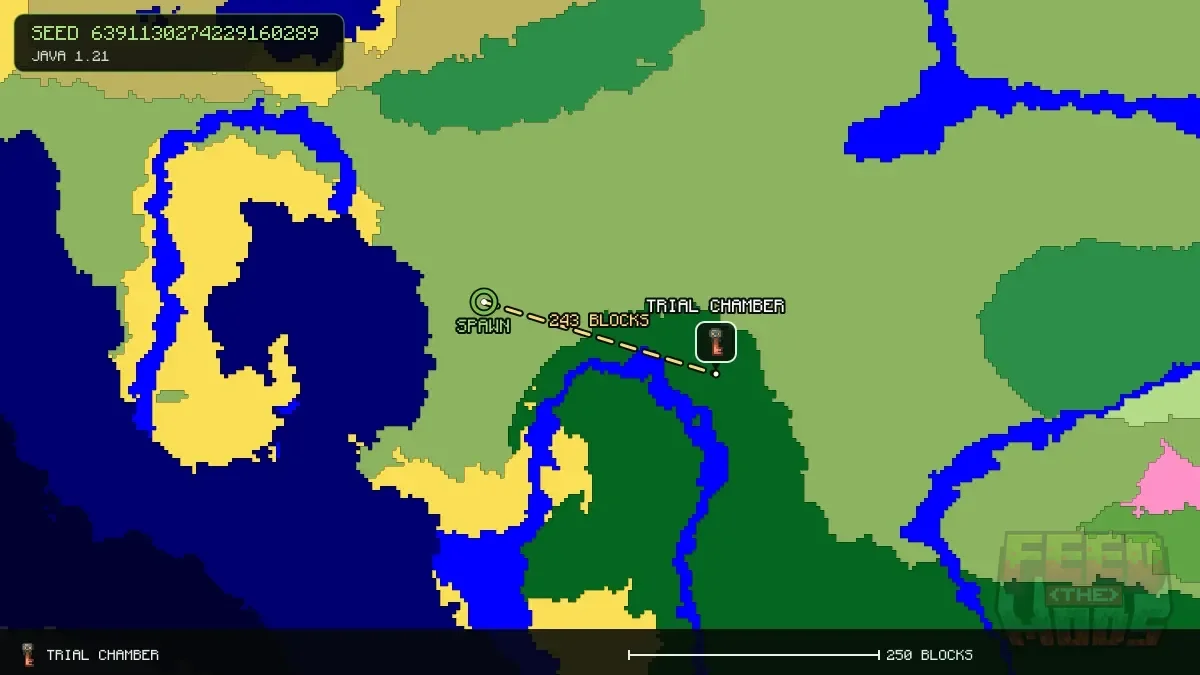 Route from spawn to the trial chamber at 240, 80 (243 blocks)