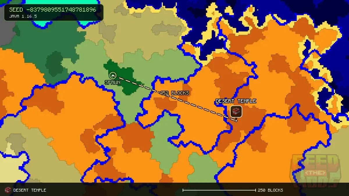 Route from spawn to the desert temple at 368, 320 (452 blocks)