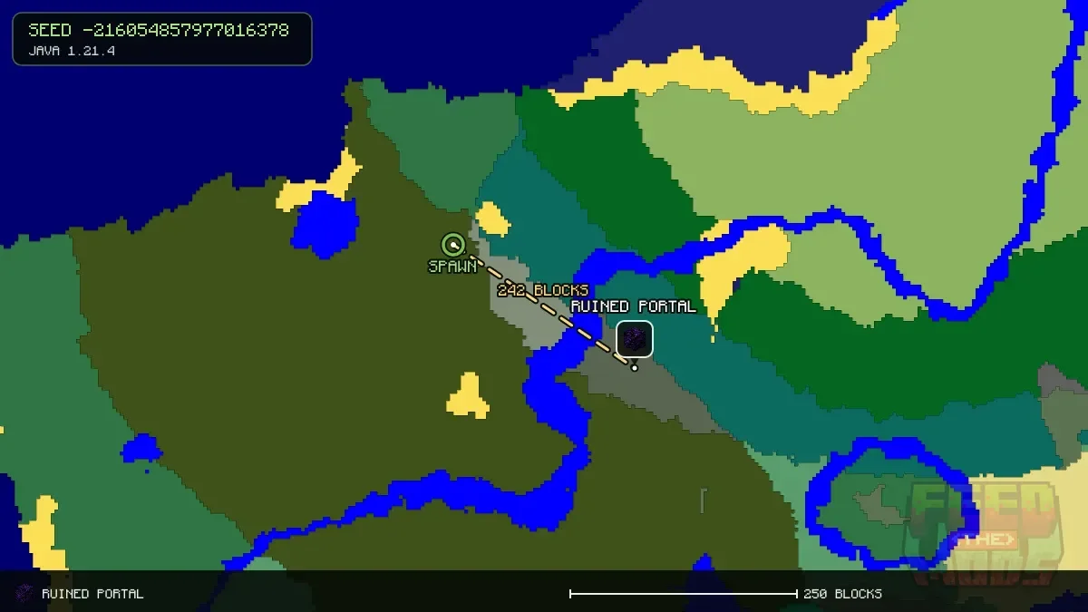 Route from spawn to the ruined portal at 208, 144 (242 blocks)