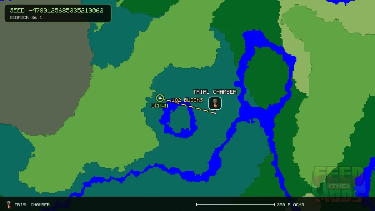 Route from spawn to the trial chamber at 184, 56 (182 blocks)