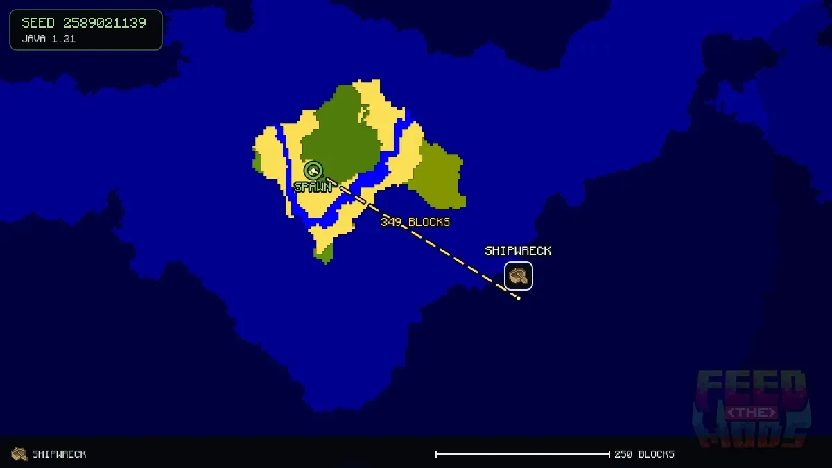 Route from spawn to the shipwreck at 304, 192 (349 blocks)