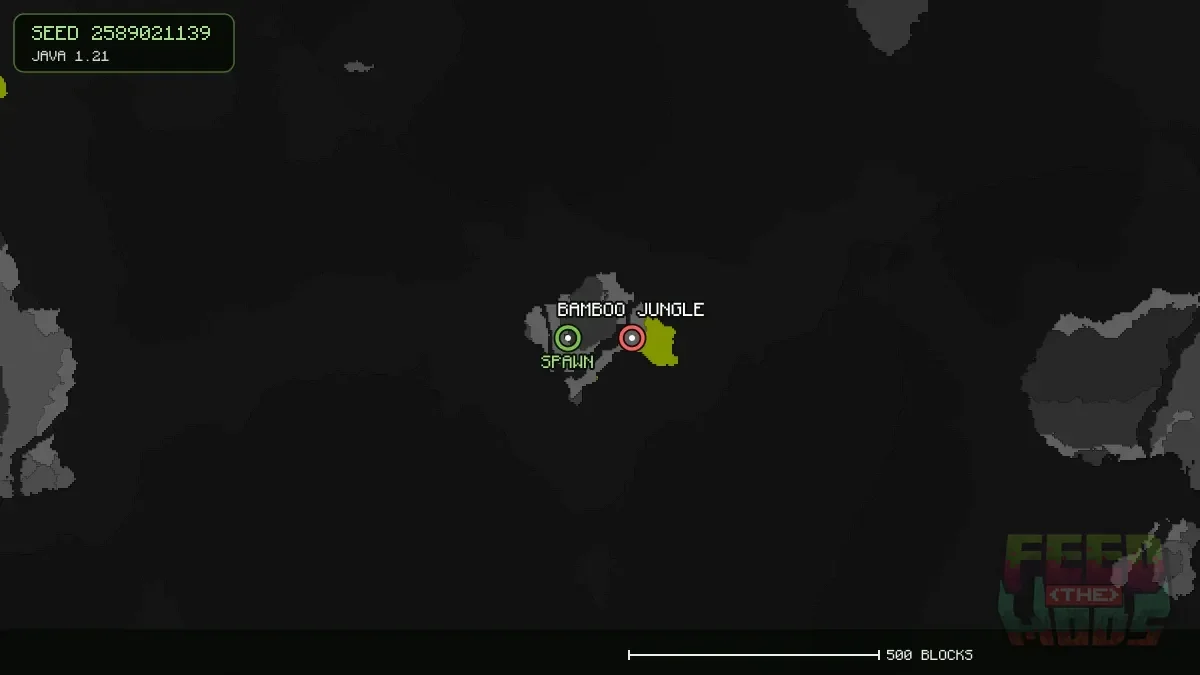 Bamboo Jungle highlighted, 128 blocks from spawn