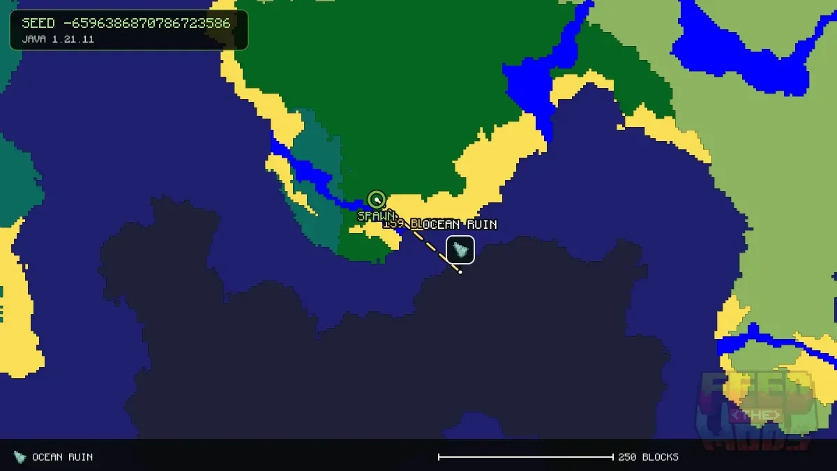 Route from spawn to the ocean ruin at 128, 112 (159 blocks)