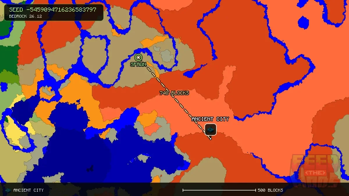 Route from spawn to the ancient city at 504, 568 (748 blocks)