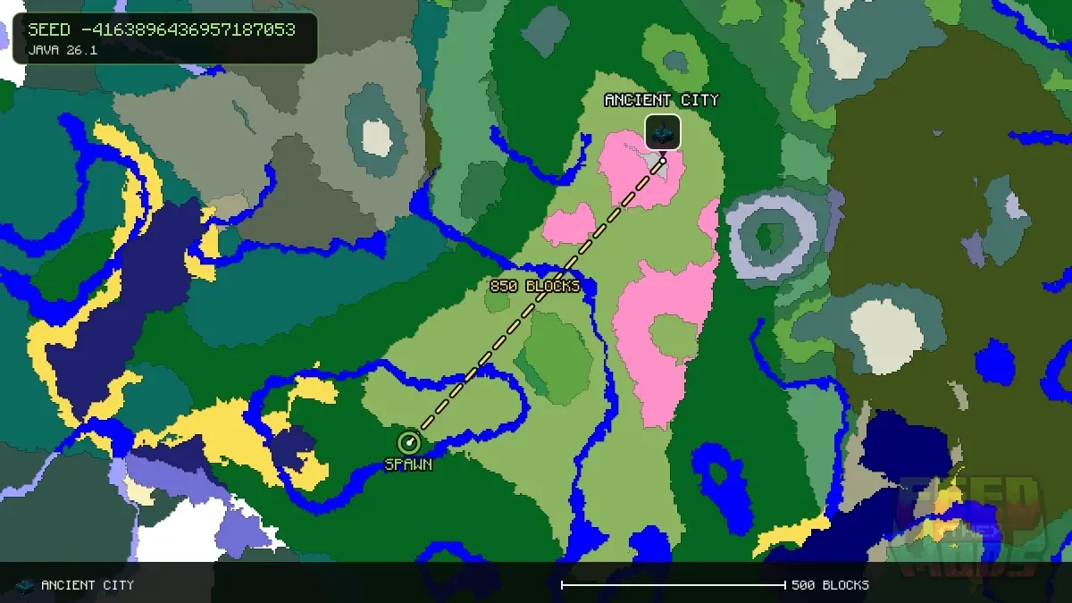 Route from spawn to the ancient city at 576, -640 (850 blocks)