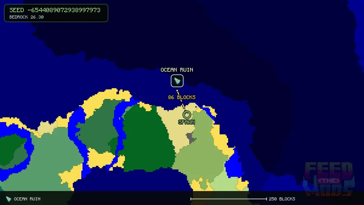 Route from spawn to the ocean ruin at -136, 328 (86 blocks)
