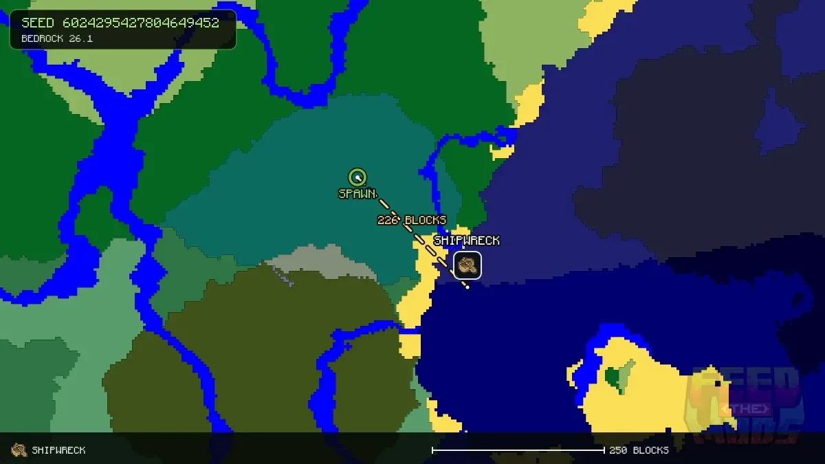 Route from spawn to the shipwreck at 168, 168 (226 blocks)