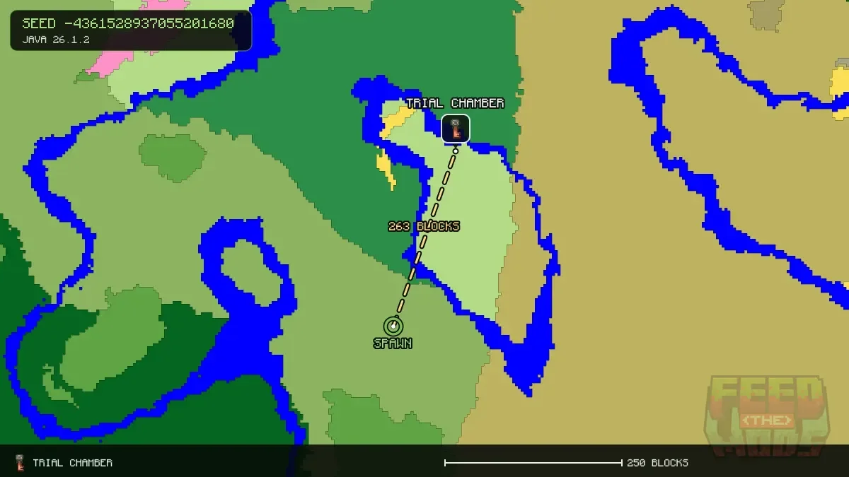 Route from spawn to the trial chamber at 96, -240 (263 blocks)