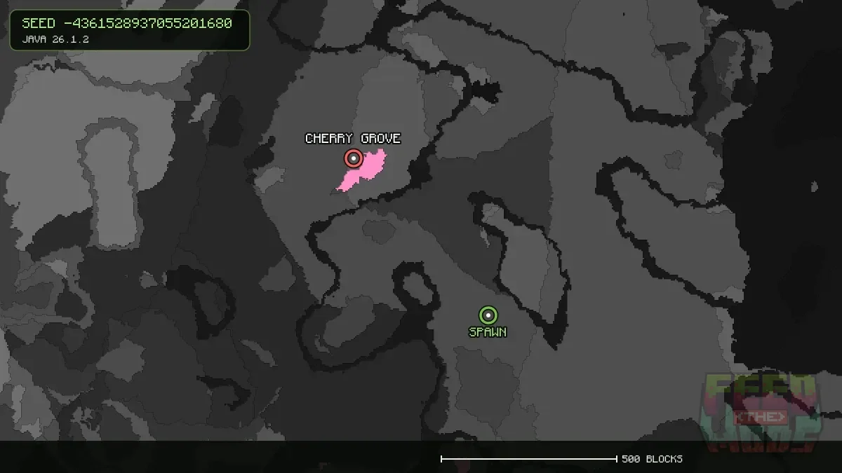 Cherry Grove highlighted, 590 blocks from spawn