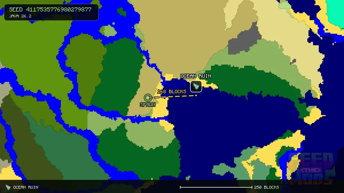 Route from spawn to the ocean ruin at 32, 0 (168 blocks)