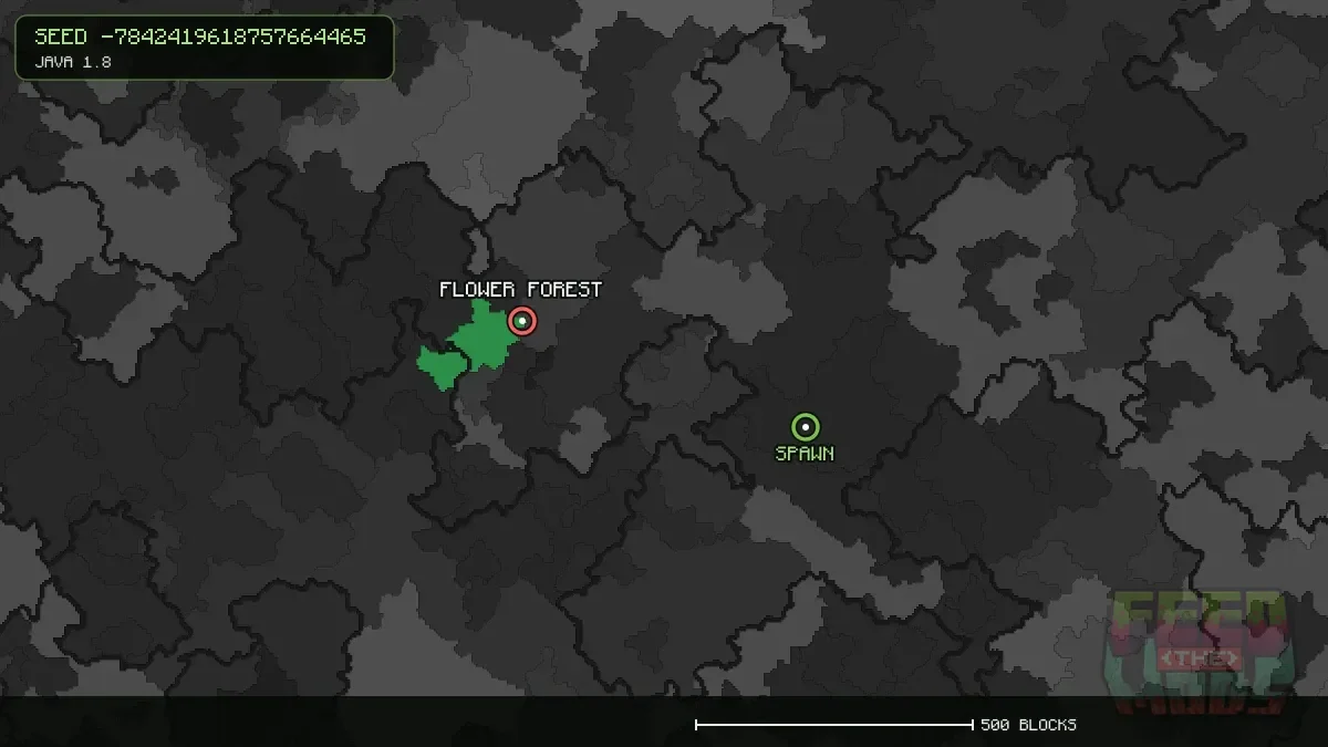 Flower Forest highlighted, 547 blocks from spawn