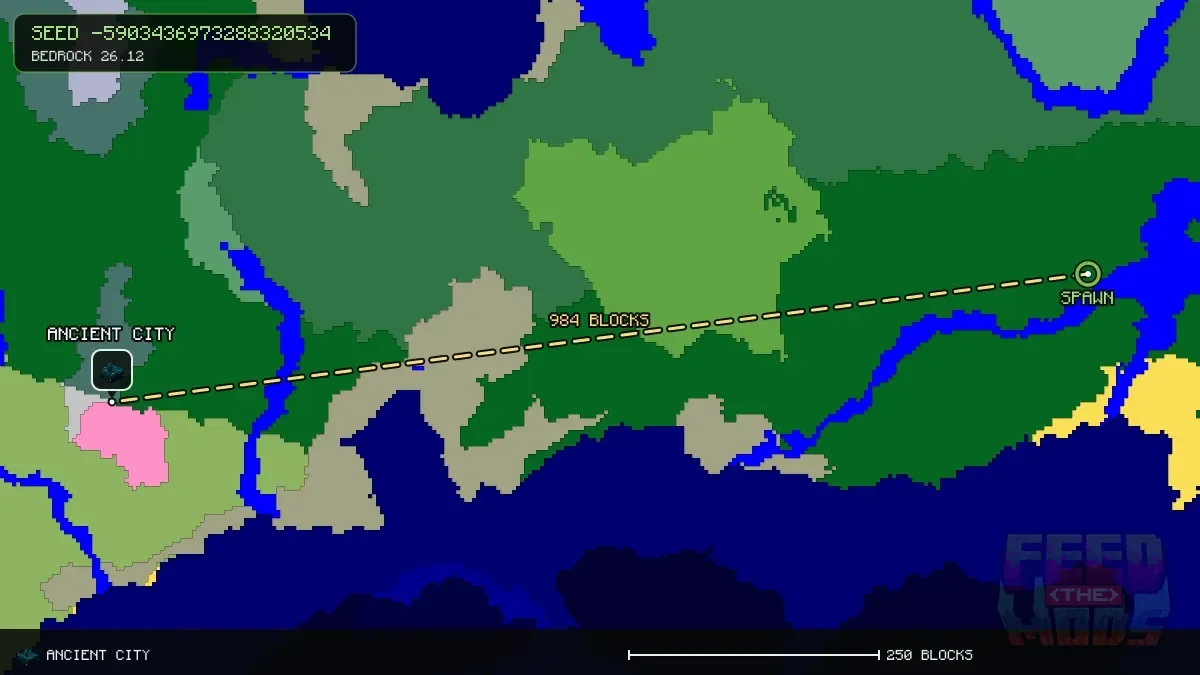 Route from spawn to the ancient city at -1064, 136 (984 blocks)