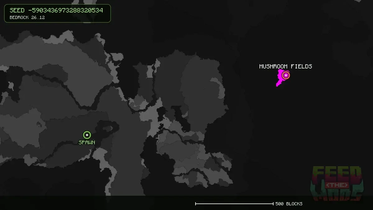Mushroom Fields highlighted, 1336 blocks from spawn