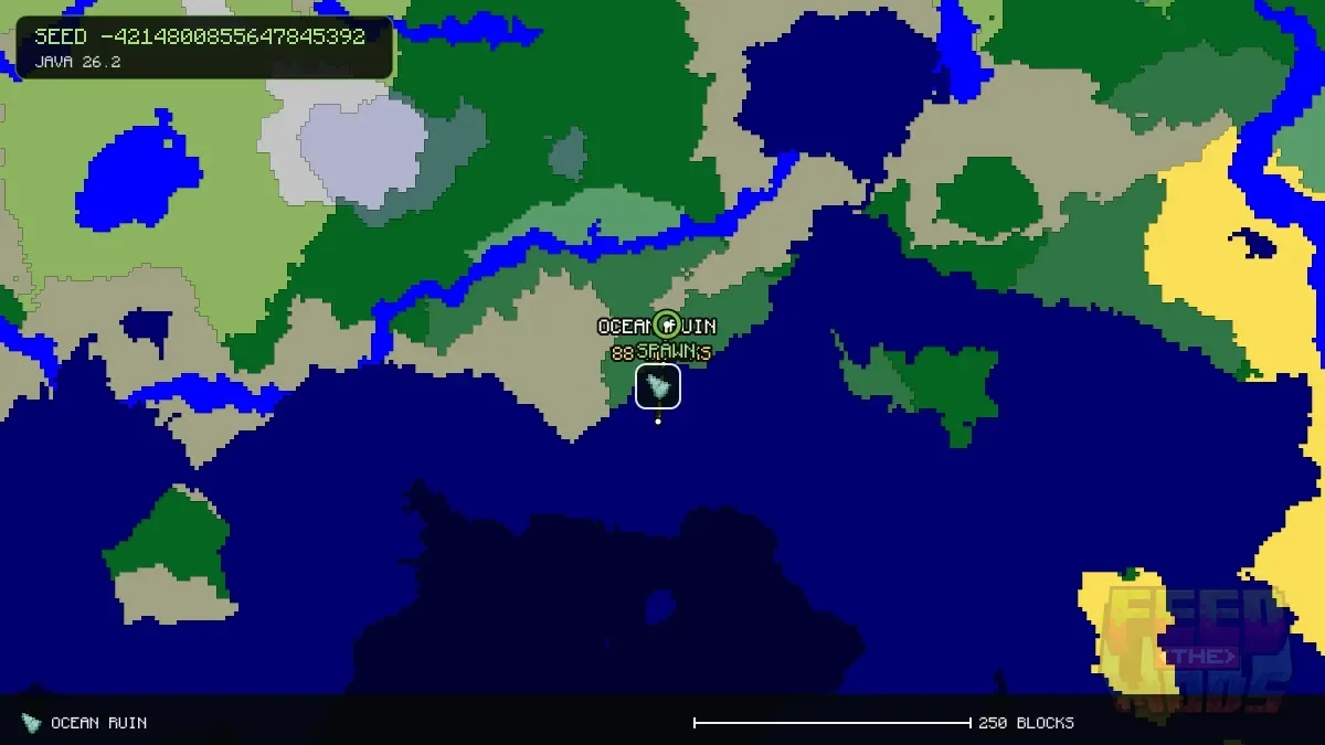 Route from spawn to the ocean ruin at -512, -256 (88 blocks)