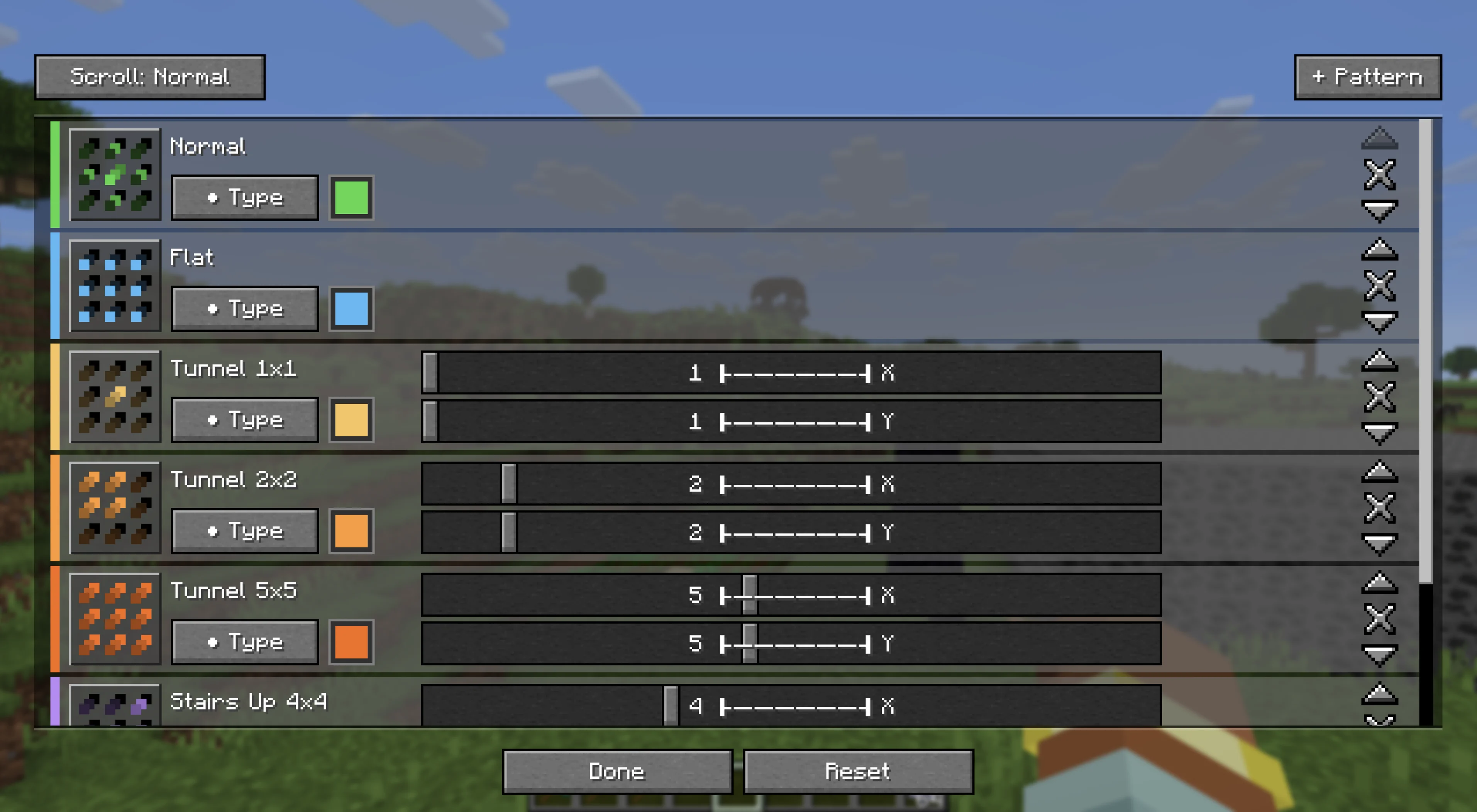 Pattern config GUI listing Normal, Flat, Tunnel and Stairs Up mining shapes with size sliders