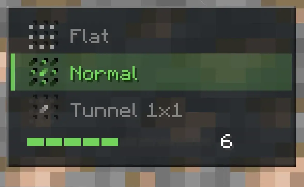 On-screen pattern selector showing Flat, Normal and Tunnel 1x1 options with a charge bar