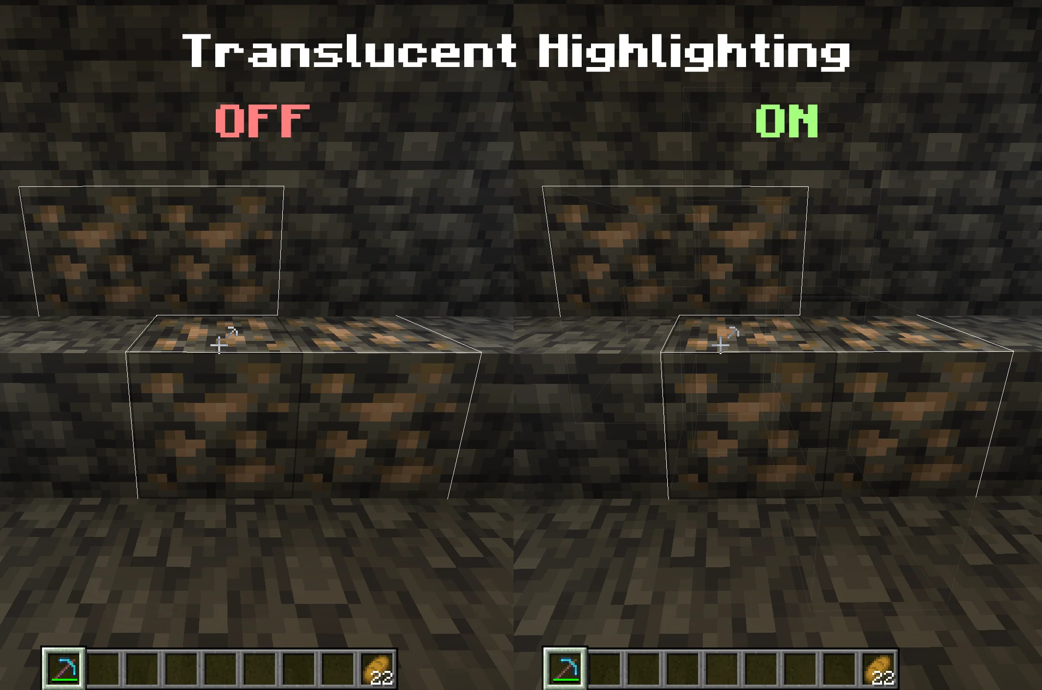 Split comparison of translucent ore highlighting turned OFF and ON