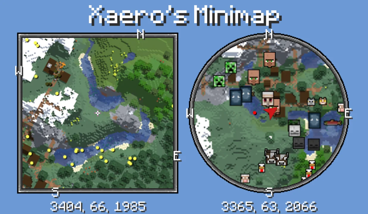 Promo banner comparing Xaero's Minimap square and circular styles, with mob and player icons plus coordinates