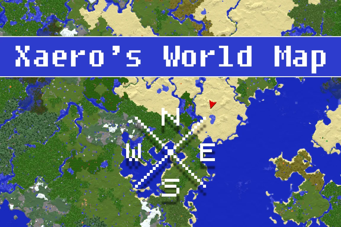 Xaero's World Map banner showing a rendered world map with biome colors, a compass rose and a red player marker
